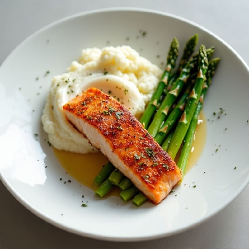 Seared Salmon with Steamed Asparagus and Cauliflower Mash