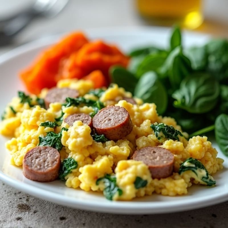 Egg White and Turkey Sausage Scramble with Spinach and Roasted Sweet Potato