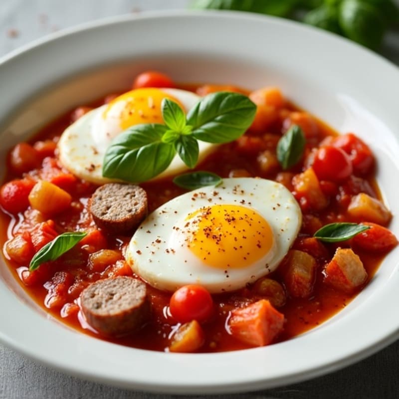Hearty Poached Eggs in Spicy Tomato and Bell Pepper Sauce