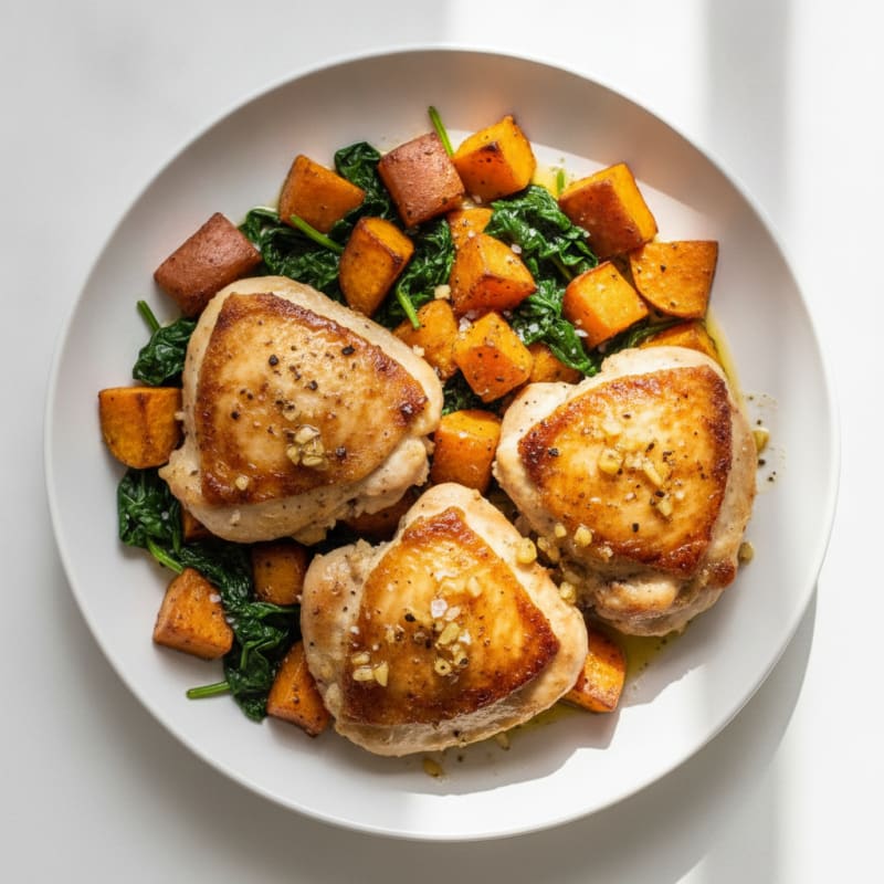 Garlic Chicken Thighs with Roasted Sweet Potatoes