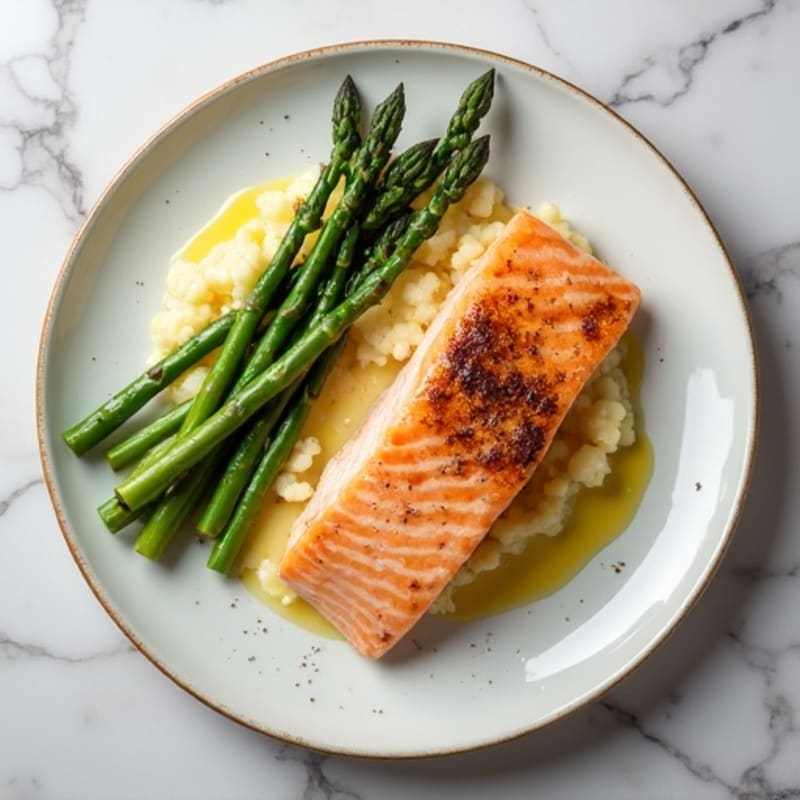 Seared Salmon with Steamed Asparagus and Cauliflower Mash