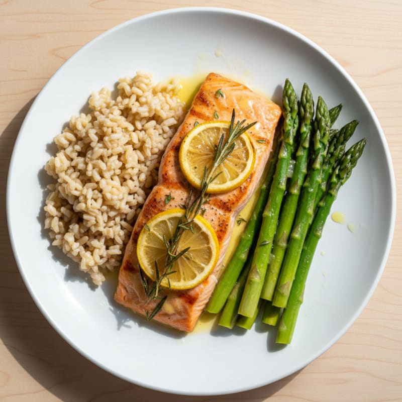 Baked Salmon Fillet with Steamed Asparagus and Brown Rice