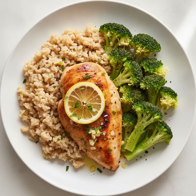 Lemon Herb Roasted Chicken with Brown Rice and Steamed Broccoli