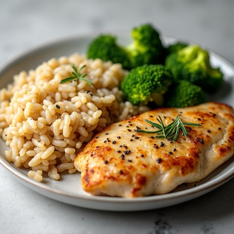 Herb-Baked Chicken Breasts with Fluffy Brown Rice and Roasted Broccoli