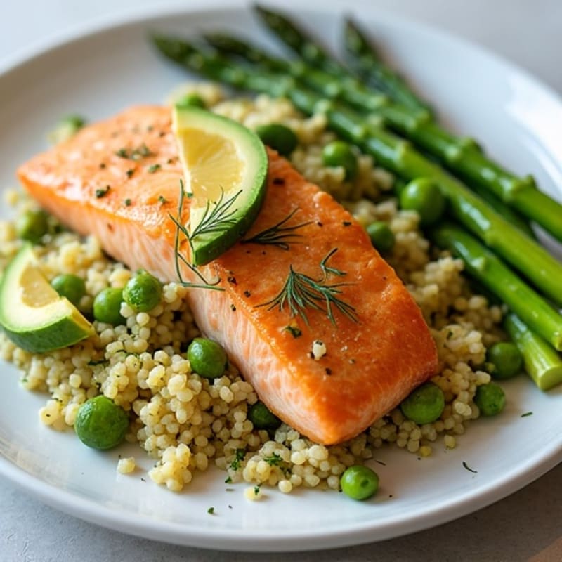 Crispy Lemon-Herb Salmon with Creamy Avocado Quinoa and Roasted Asparagus
