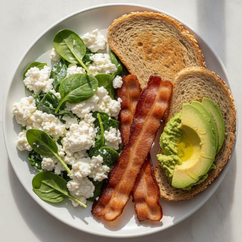 Cottage Cheese and Spinach Egg White Scramble with Turkey Bacon