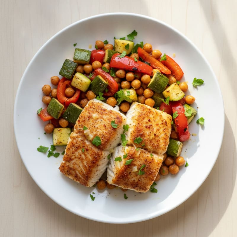 Spicy Pan-Seared Cod with Stovetop-Roasted Vegetables
