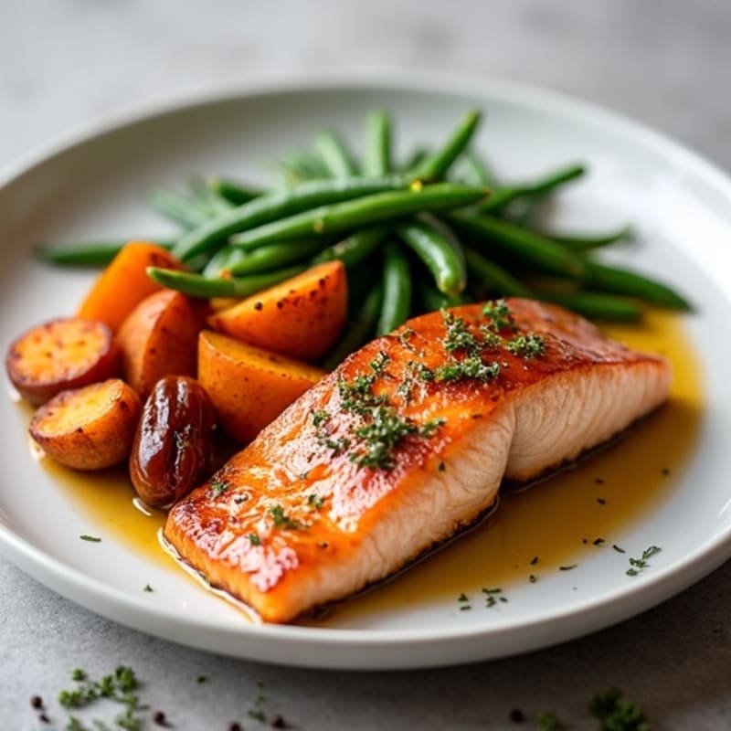 Date-Glazed Salmon with Roasted Sweet Potatoes and Crispy Green Beans