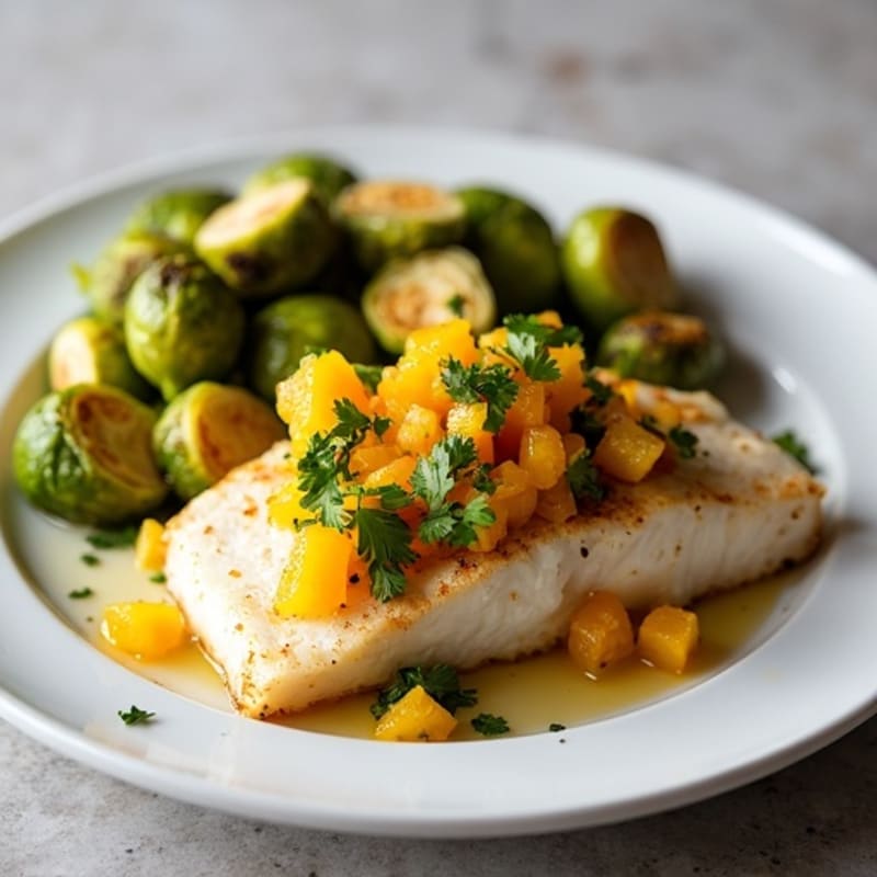 Flaky Pan-Seared Cod with Bright Citrus-Herb Salsa and Crispy Roasted Brussels Sprouts