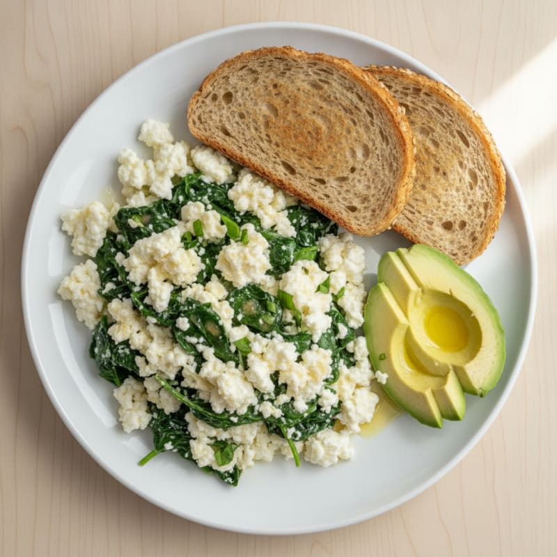 Cottage Cheese and Egg White Scramble with Sautéed Spinach