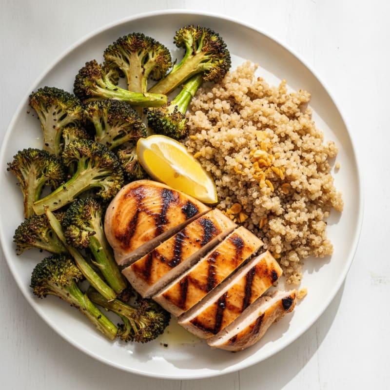 Grilled Chicken Breast with Roasted Broccoli and Quinoa