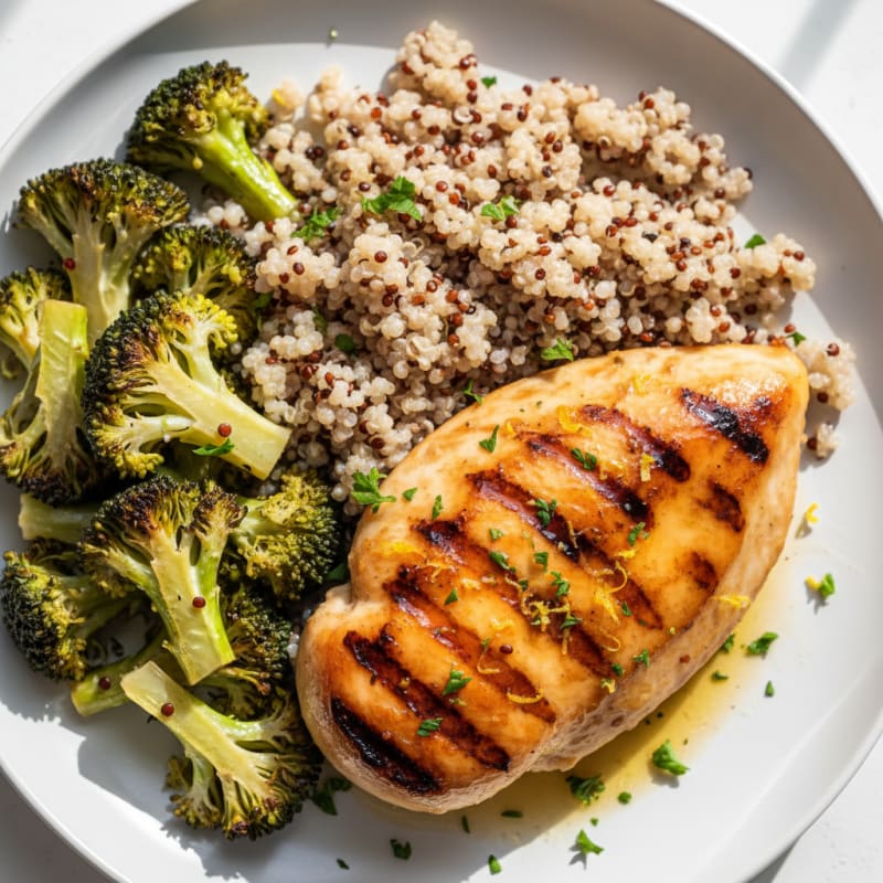 Grilled Lemon-Garlic Chicken Breast with Quinoa and Roasted Broccoli