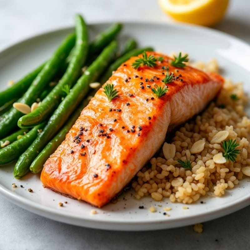 Seared Salmon Fillet with Garlicky Green Beans and Brown Rice