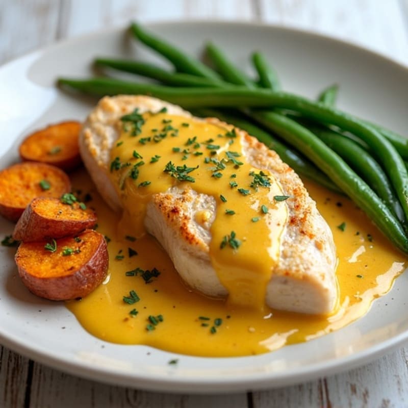 Creamy Golden Garlic Chicken with Roasted Sweet Potatoes and Green Beans