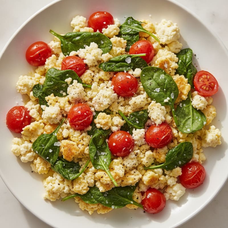 Cottage Cheese Egg Scramble with Sautéed Spinach and Cherry Tomatoes