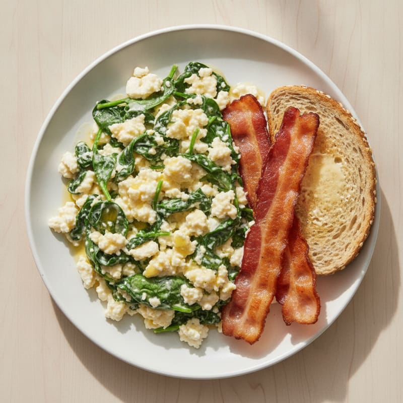 Cottage Cheese Scramble with Spinach and Turkey Bacon