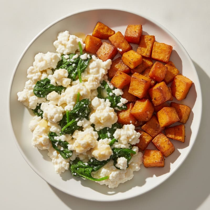 Cottage Cheese Egg White Scramble with Spinach and Roasted Sweet Potato