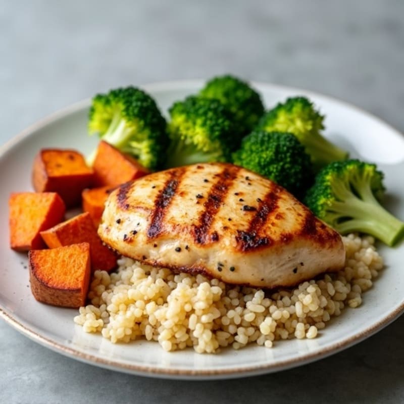Grilled Chicken Breast with Quinoa, Steamed Broccoli, and Roasted Sweet Potatoes