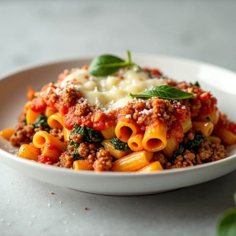Healthy Cheesy Baked Ziti with Lean Ground Beef and Spinach
