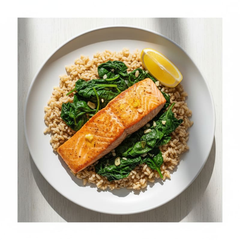 Seared Salmon with Garlic Spinach and Brown Rice