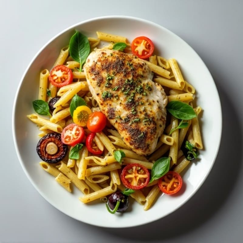 Healthy Chicken Pesto Pasta with Roasted Vegetables
