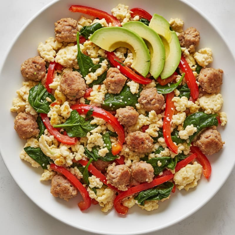 Egg White and Turkey Sausage Scramble with Spinach and Bell Peppers