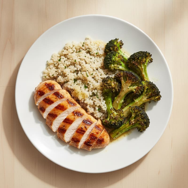 Grilled Chicken Breast with Roasted Broccoli and Quinoa