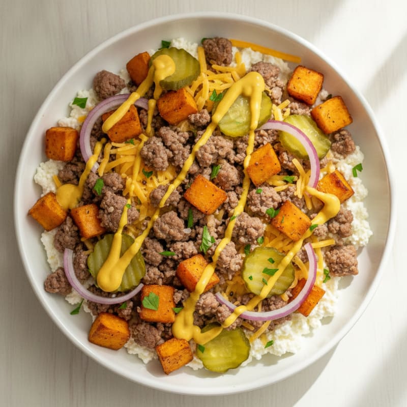 Sweet Potato Cheeseburger Cottage Cheese Bowl
