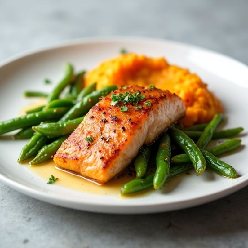Seared Salmon with Garlic Green Beans and Sweet Potato Mash