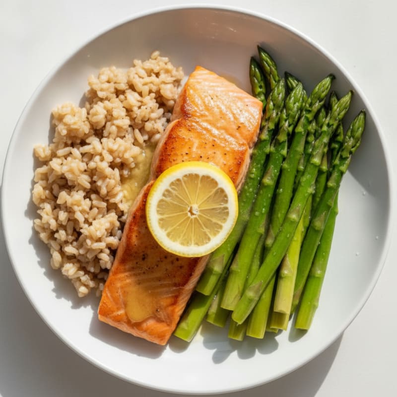 Seared Salmon with Steamed Asparagus and Brown Rice