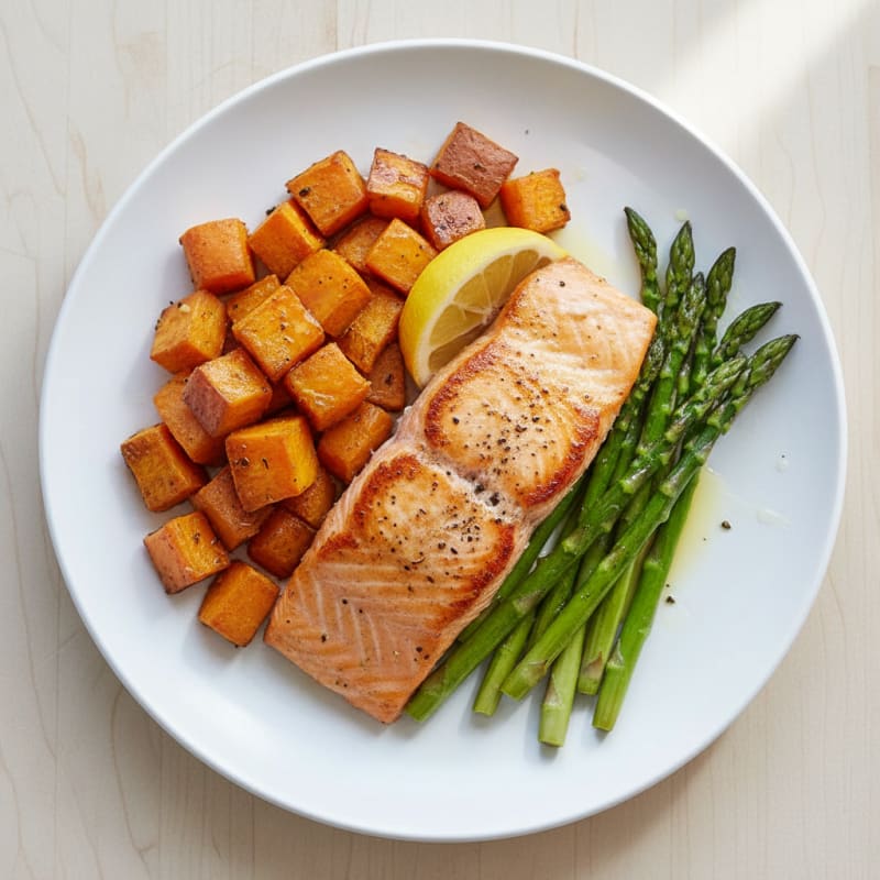 Seared Salmon with Roasted Sweet Potato and Asparagus