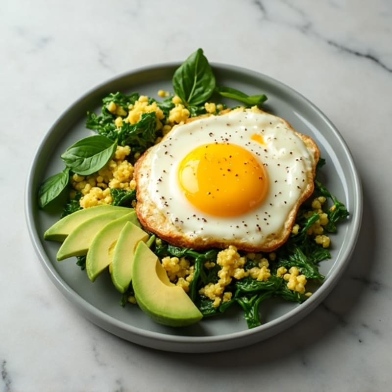 Fluffy Egg and Spinach Scramble with Sliced Avocado