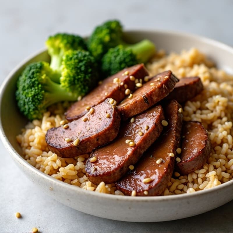 Healthy Sesame Beef with Roasted Broccoli and Brown Rice