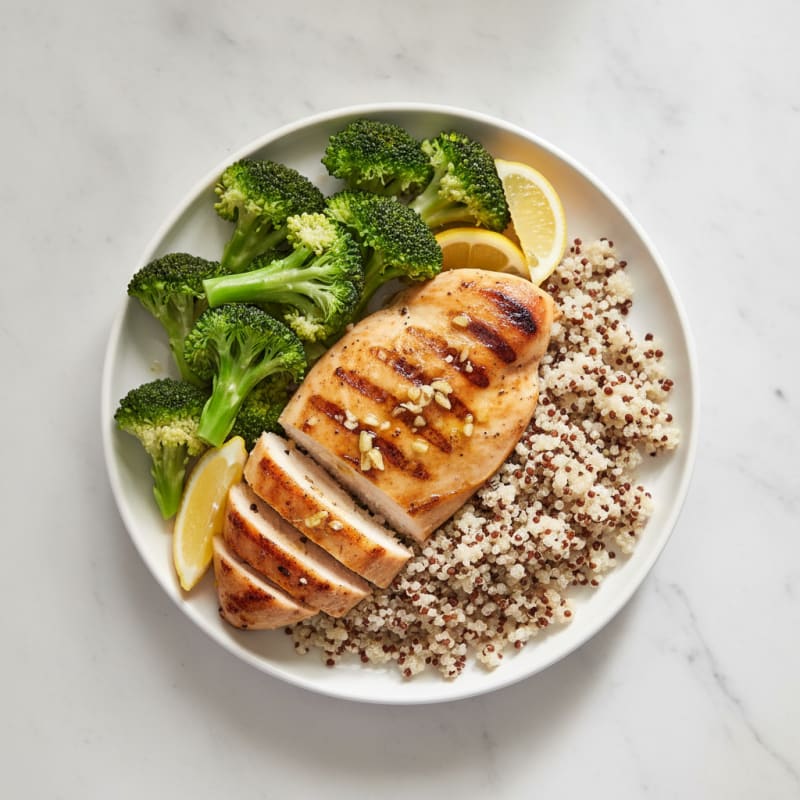 Grilled Lemon-Garlic Chicken Breast with Quinoa and Steamed Broccoli