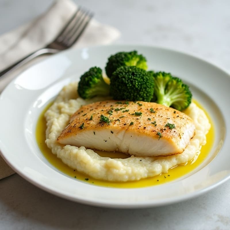 Oven-Baked Cod with Steamed Broccoli and Cauliflower Mash