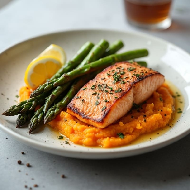 Seared Salmon with Roasted Asparagus and Sweet Potato Mash