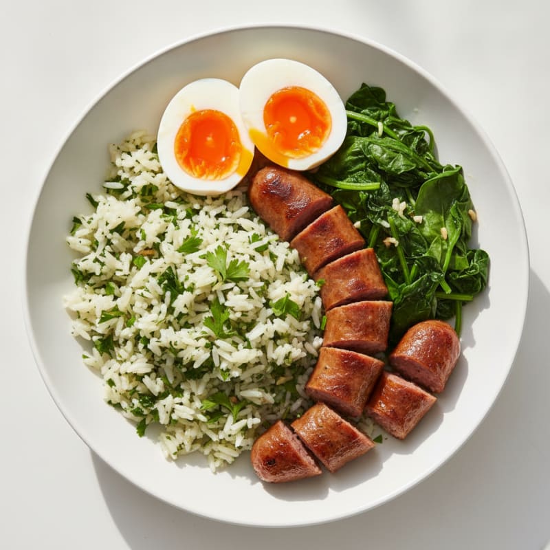 Grilled Lean Beef Sausage with Herb Rice and Sautéed Greens