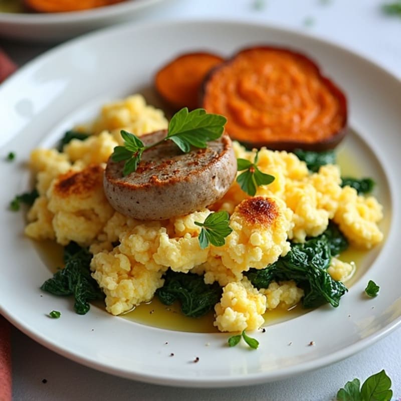 Egg White and Turkey Sausage Scramble with Spinach and Roasted Sweet Potato