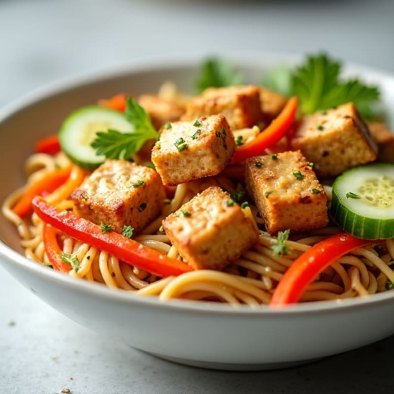 Creamy Thai Peanut Noodles with Crispy Tofu and Fresh Vegetables
