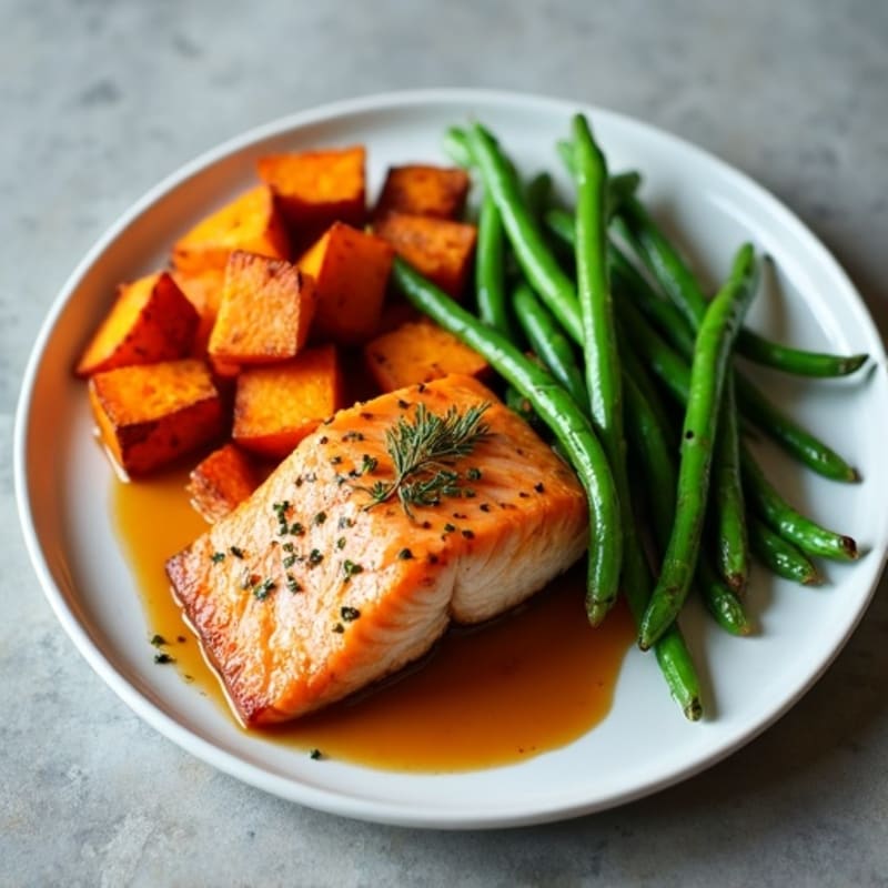 Maple-Glazed Salmon with Roasted Sweet Potatoes and Crispy Green Beans