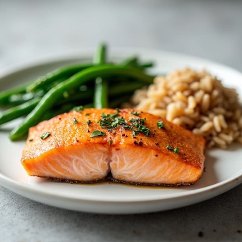 Seared Salmon Fillet with Steamed Green Beans and Brown Rice