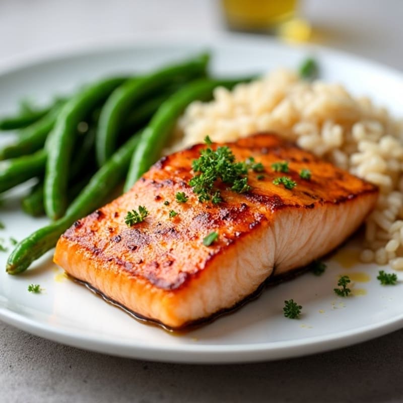 Seared Salmon with Garlic Green Beans and Brown Rice