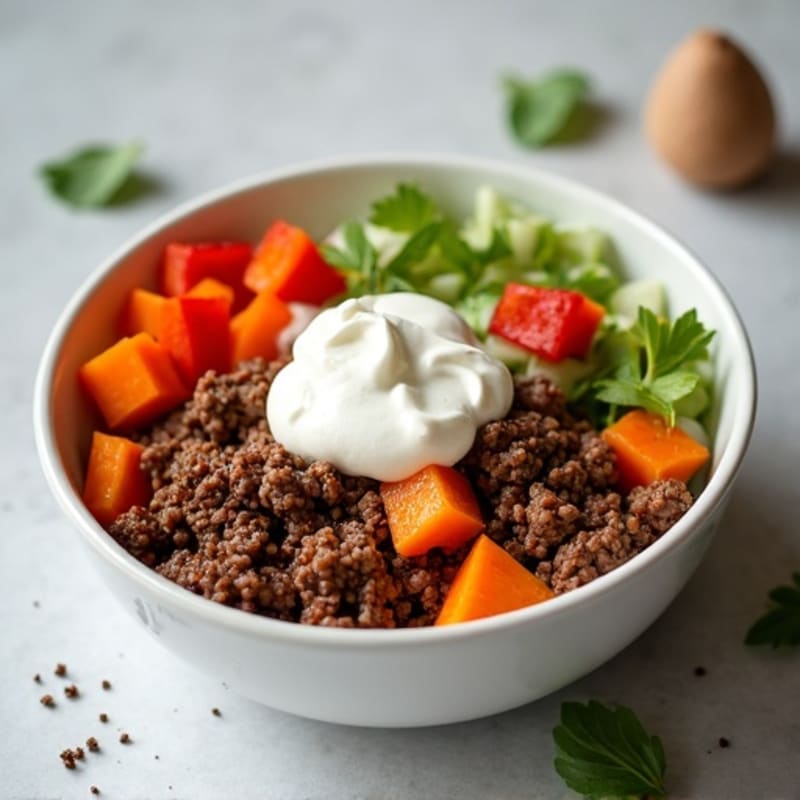 Protein-Packed Sweet Potato Ground Beef Bowl with Whipped Cottage Cheese