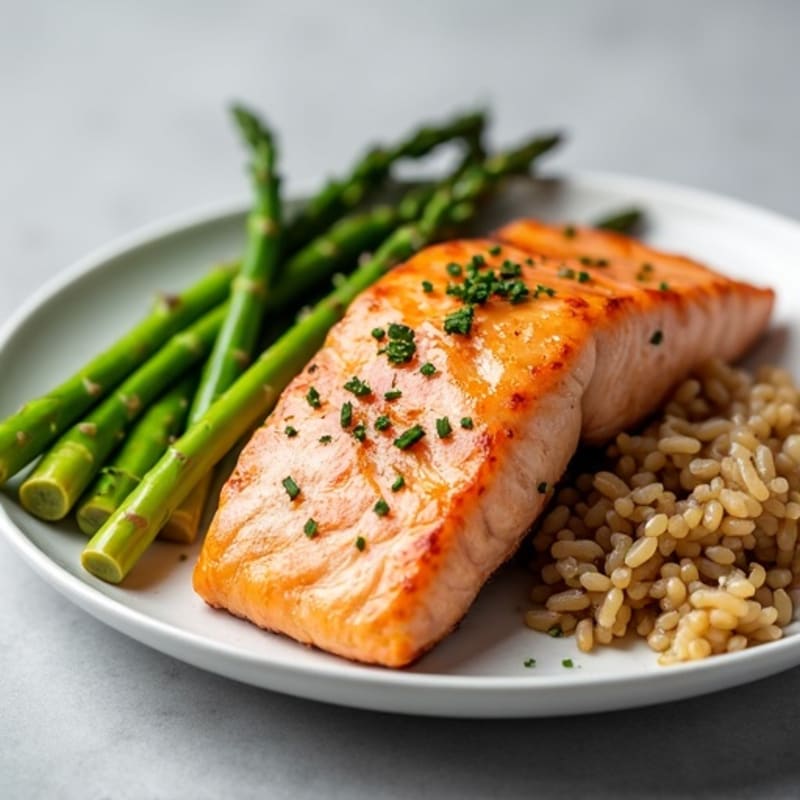 Seared Salmon with Steamed Asparagus and Brown Rice