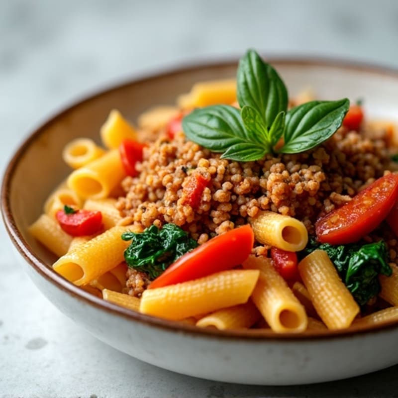 Whole Wheat Pasta with Lean Ground Turkey, Fresh Tomato Sauce, and Sautéed Spinach