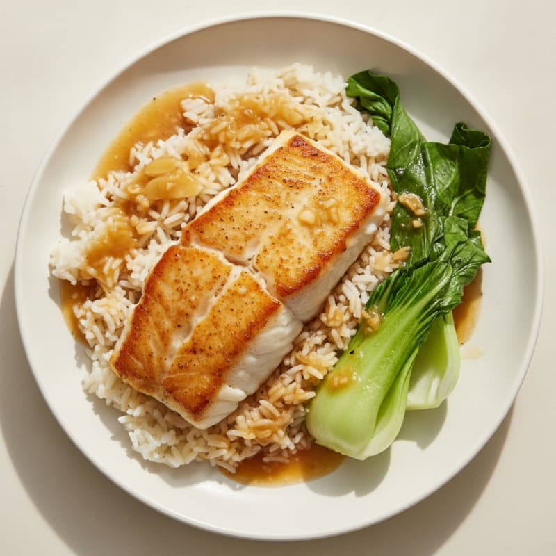 Pan-Seared Cod with Steamed Bok Choy and Jasmine Rice