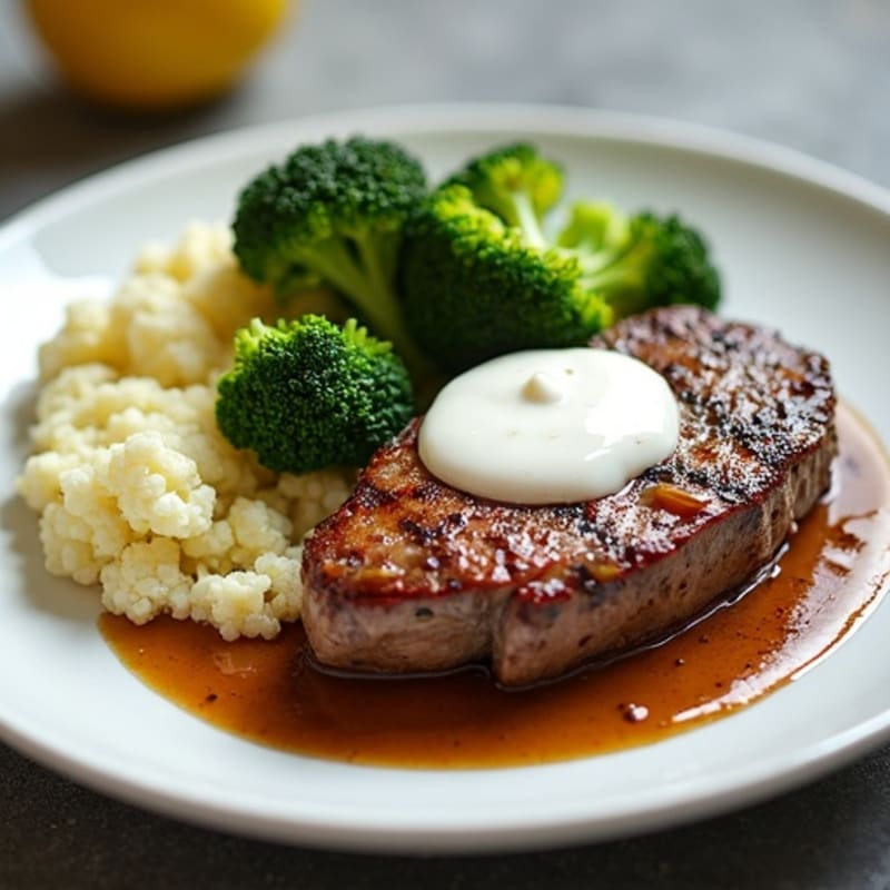Seared Lean Beef with Roasted Broccoli and Cauliflower Mash