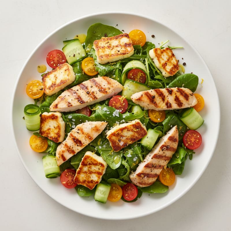 Zesty Grilled Halloumi and Chicken Salad