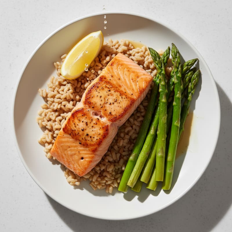 Seared Salmon with Steamed Asparagus and Brown Rice