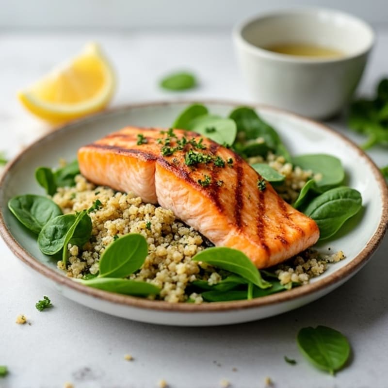 Grilled Salmon Spinach Salad with Quinoa